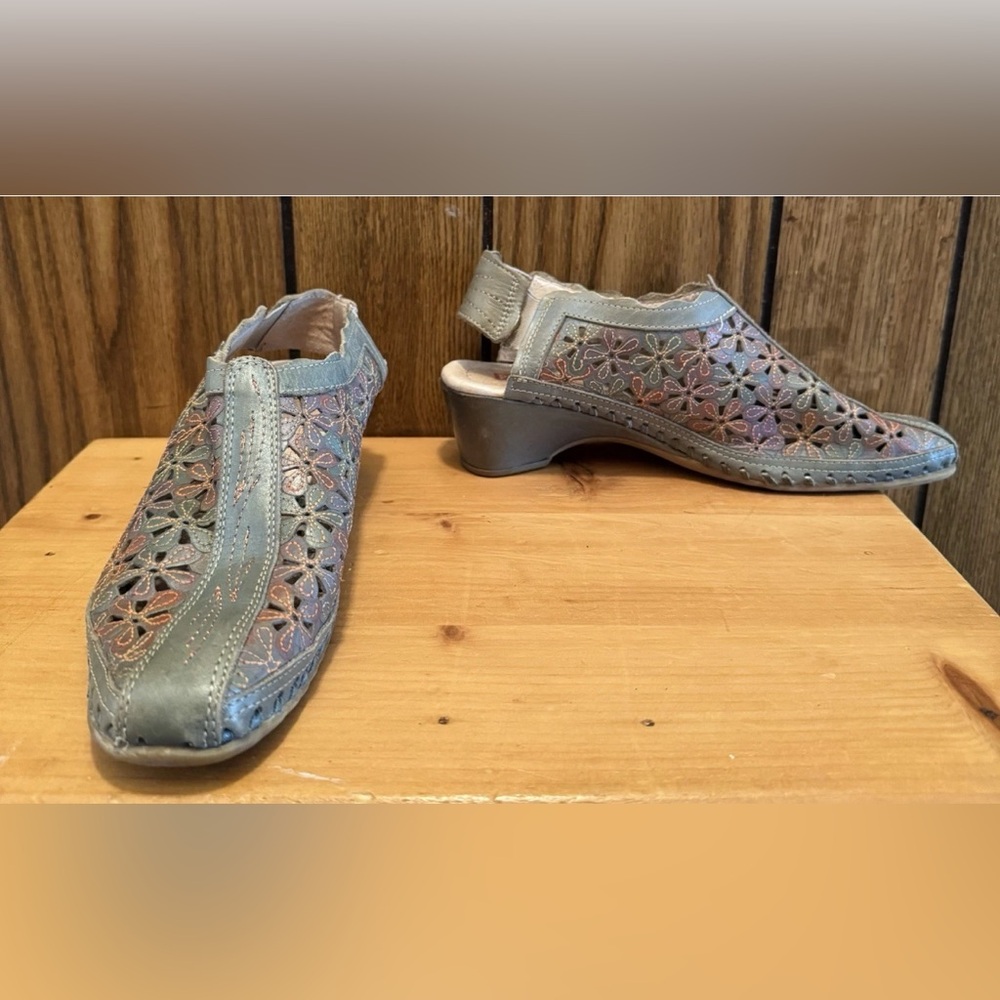 Woman PIKOLINOS Green Orange Floral Leather Romana Wedge Sandal Shoe Sz 38 EUC